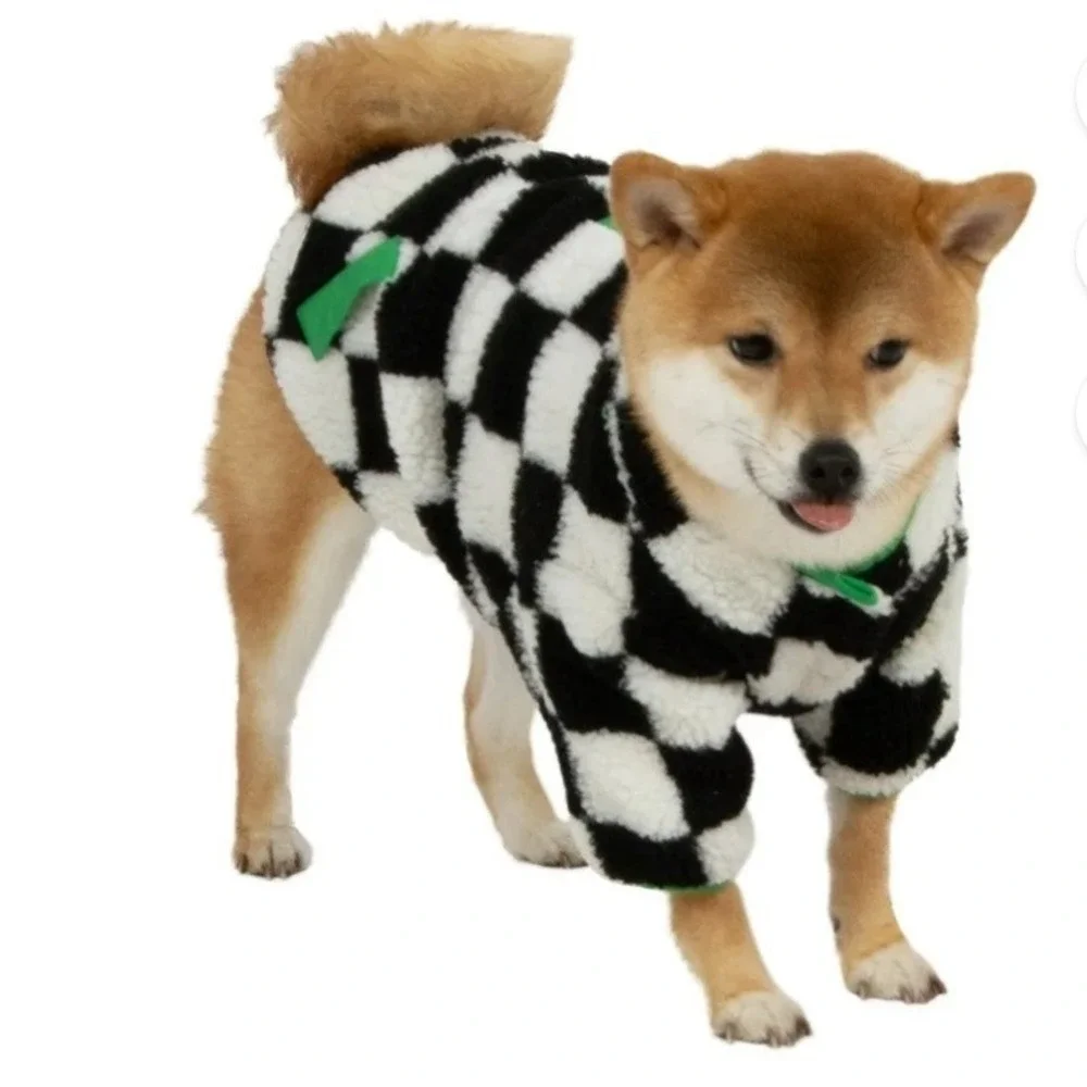 XS Checkered Sherpa Dog Jacket Oodles Black White Green Cozy Fall‎ Pet Coat